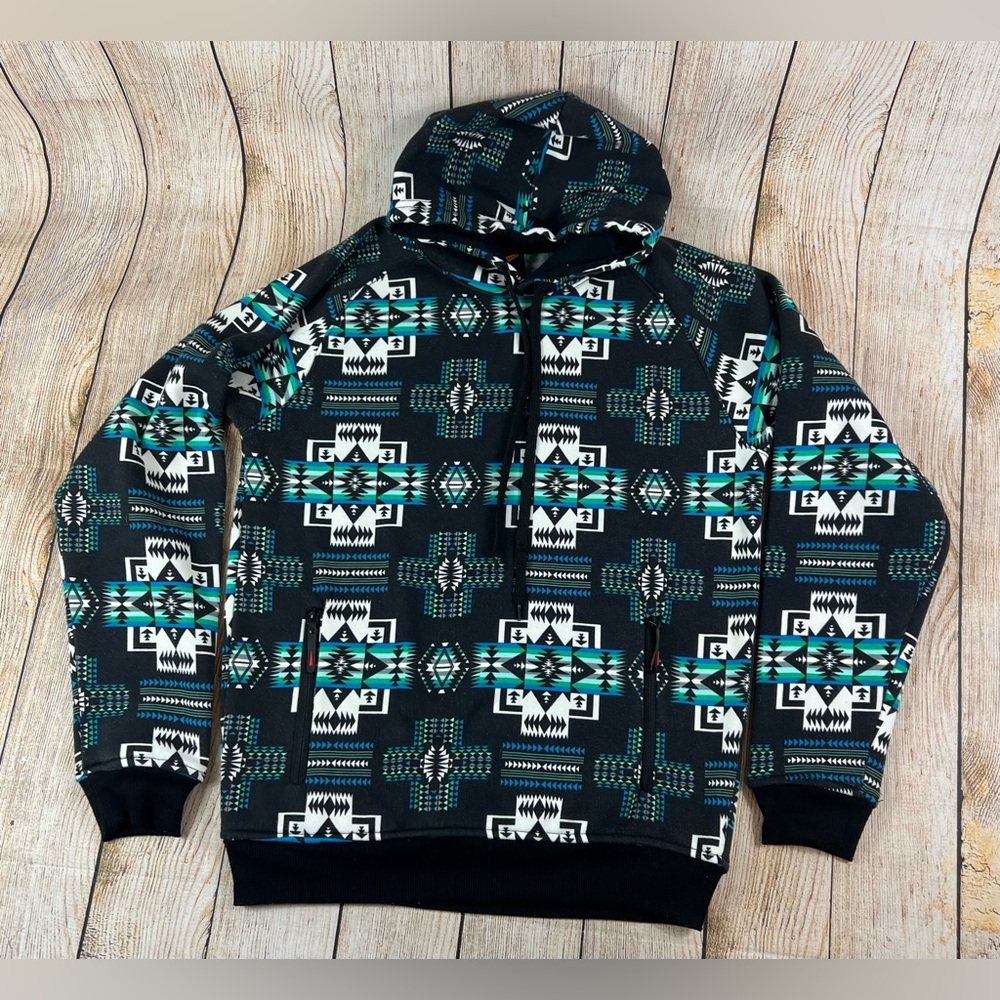 Native Brand Aztec Fleece Hoodie Sweatshirt Size Medium Black Green